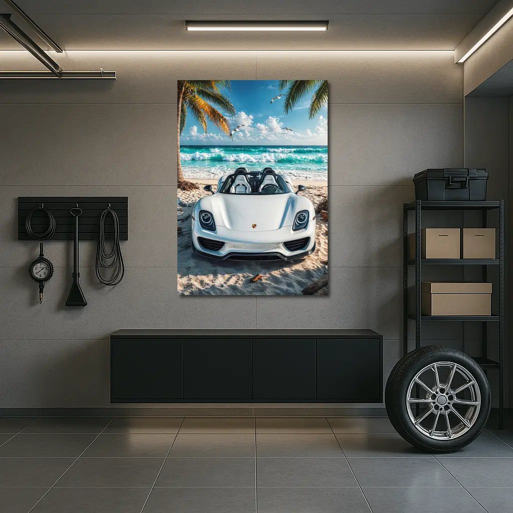 Porsche 918 Spyder White Beach Scene – Wall Art