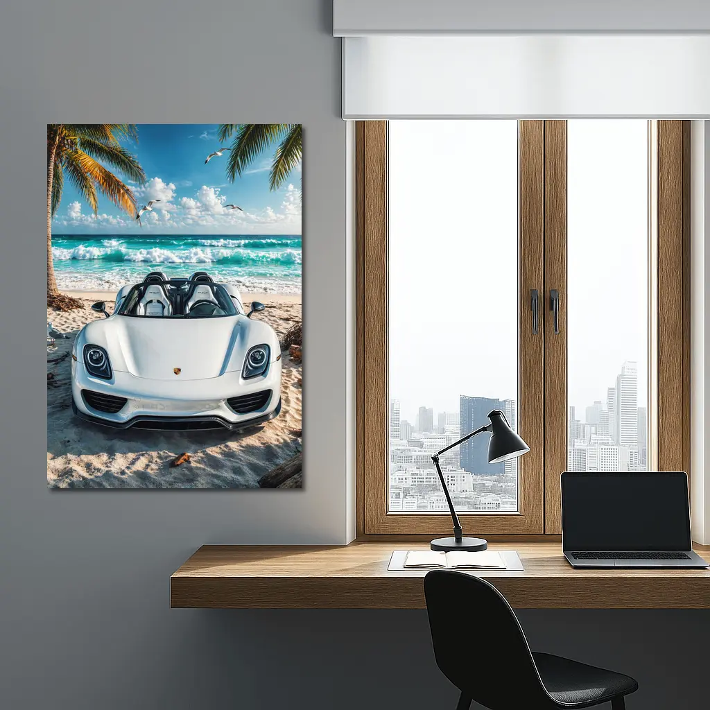 Porsche 918 Spyder White Beach Scene – Wall Art