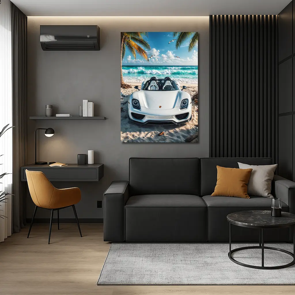 Porsche 918 Spyder White Beach Scene – Wall Art