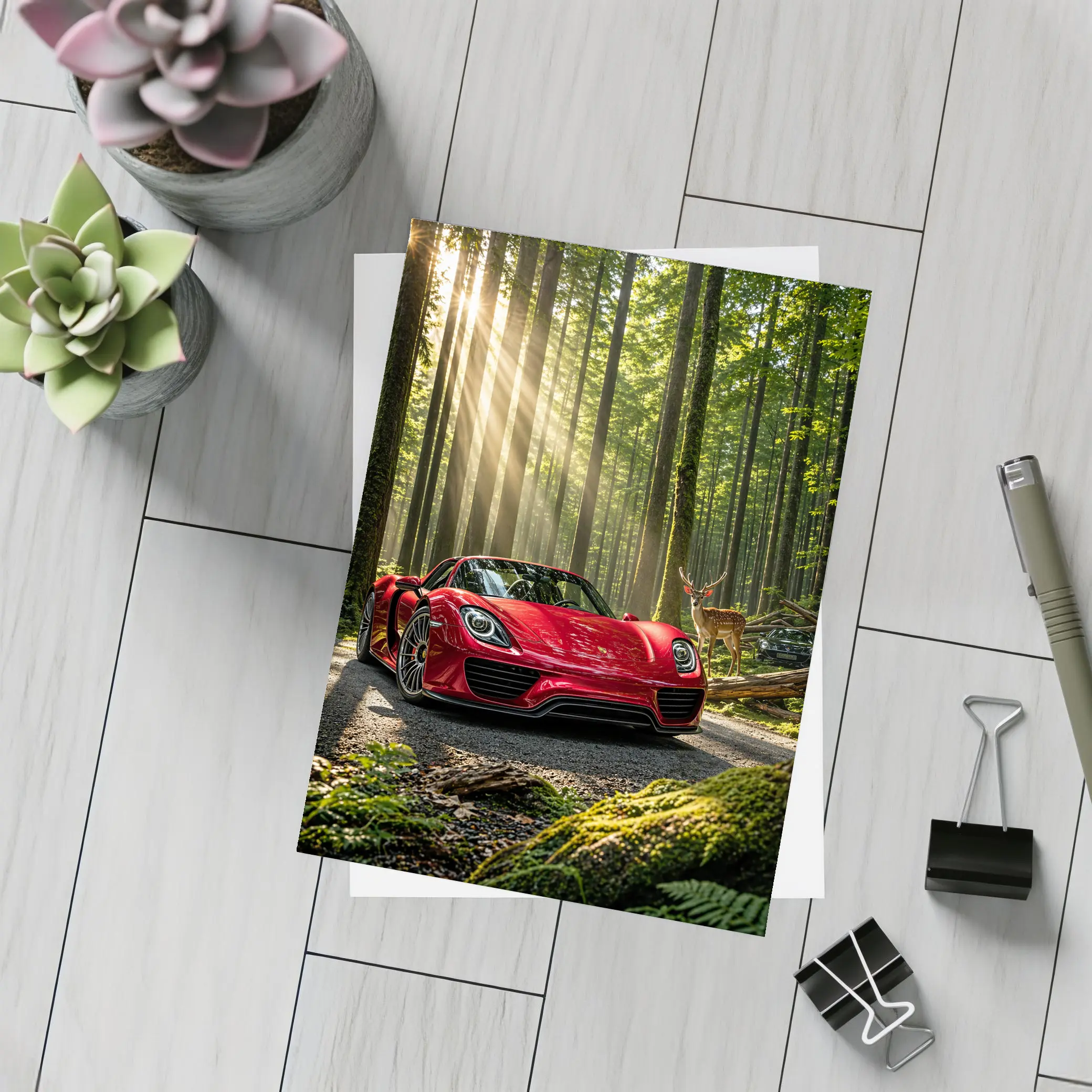 Red Porsche 918 Spyder Forest Deer – Postcards