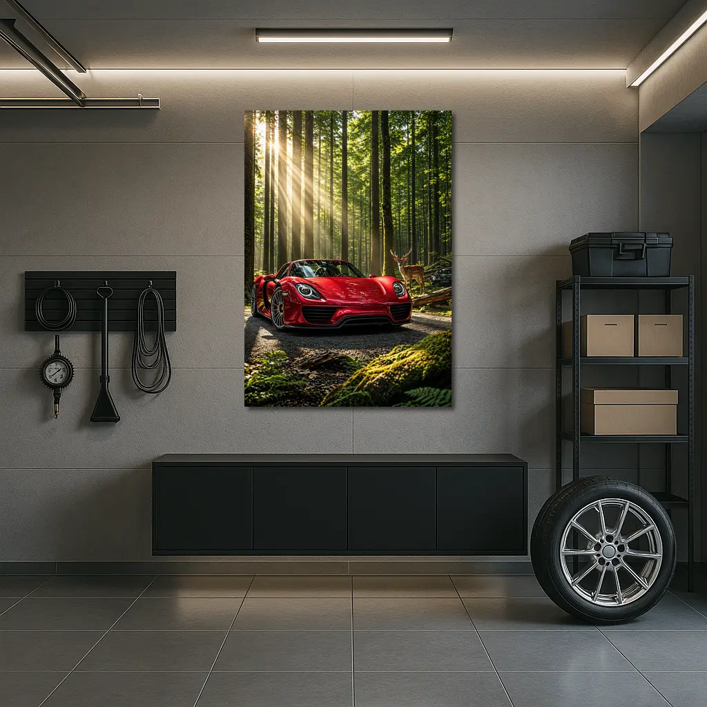 Red Porsche 918 Spyder Forest Deer – Wall Art
