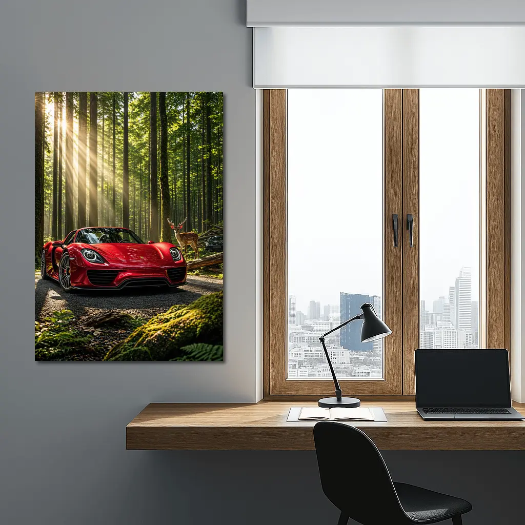 Red Porsche 918 Spyder Forest Deer – Wall Art