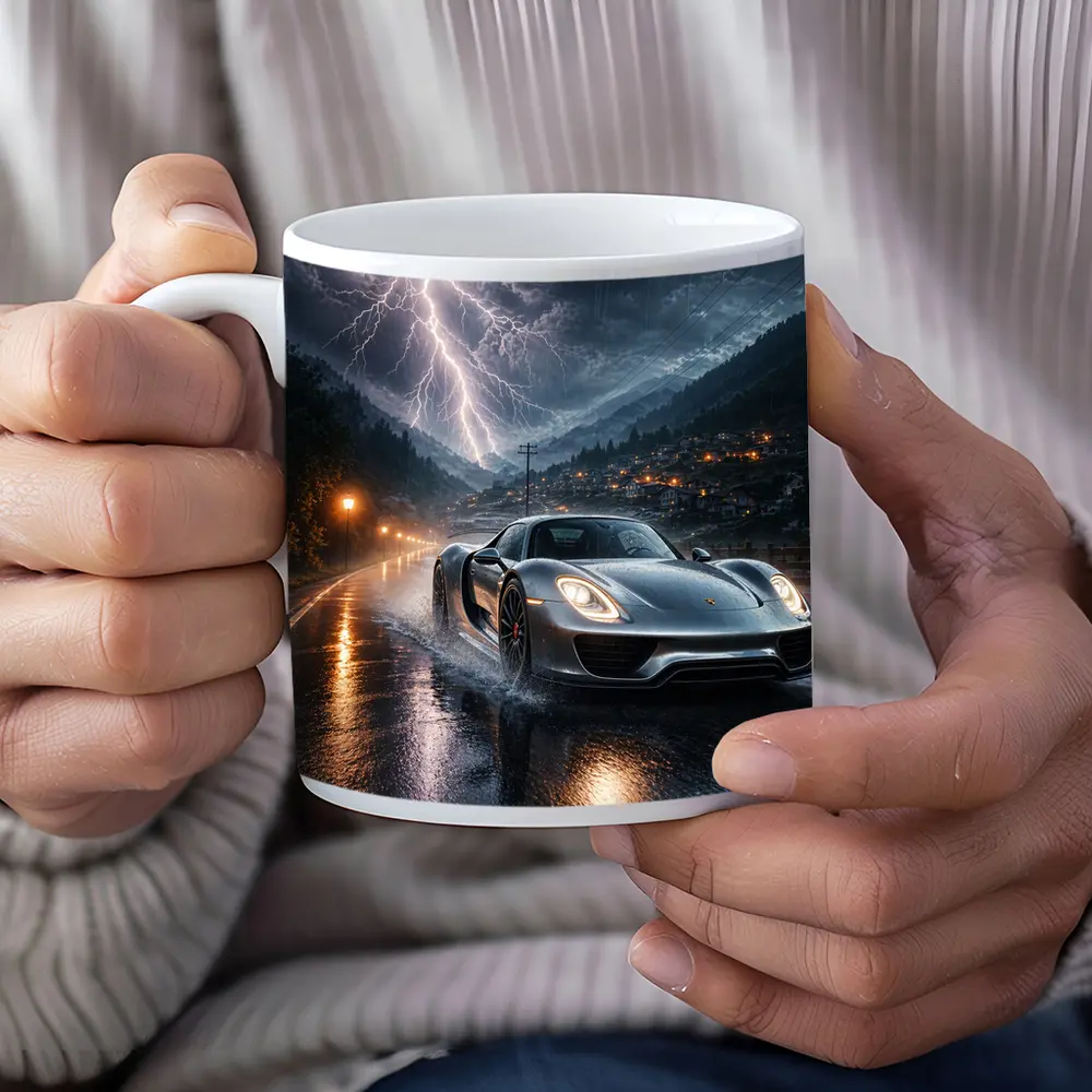 Porsche 918 Spyder Thunderstorm Rainy Road – Mugs