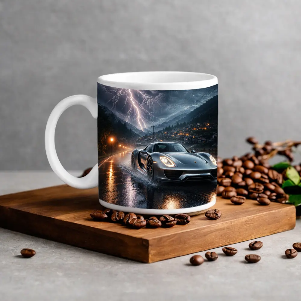 Porsche 918 Spyder Thunderstorm Rainy Road – Mugs