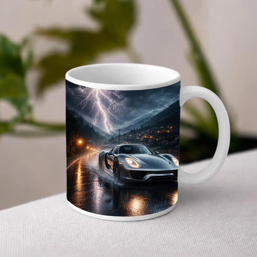 Porsche 918 Spyder Thunderstorm Rainy Road – Mugs