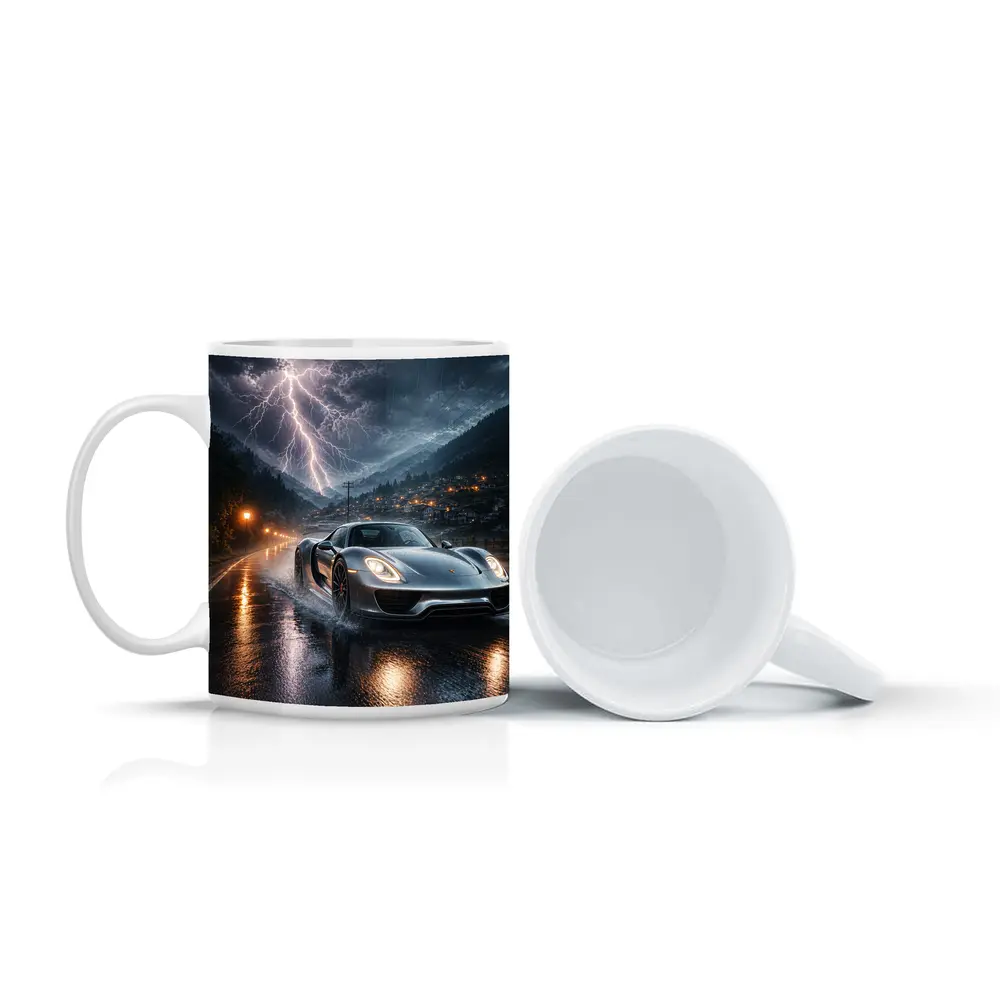 Porsche 918 Spyder Thunderstorm Rainy Road – Mugs