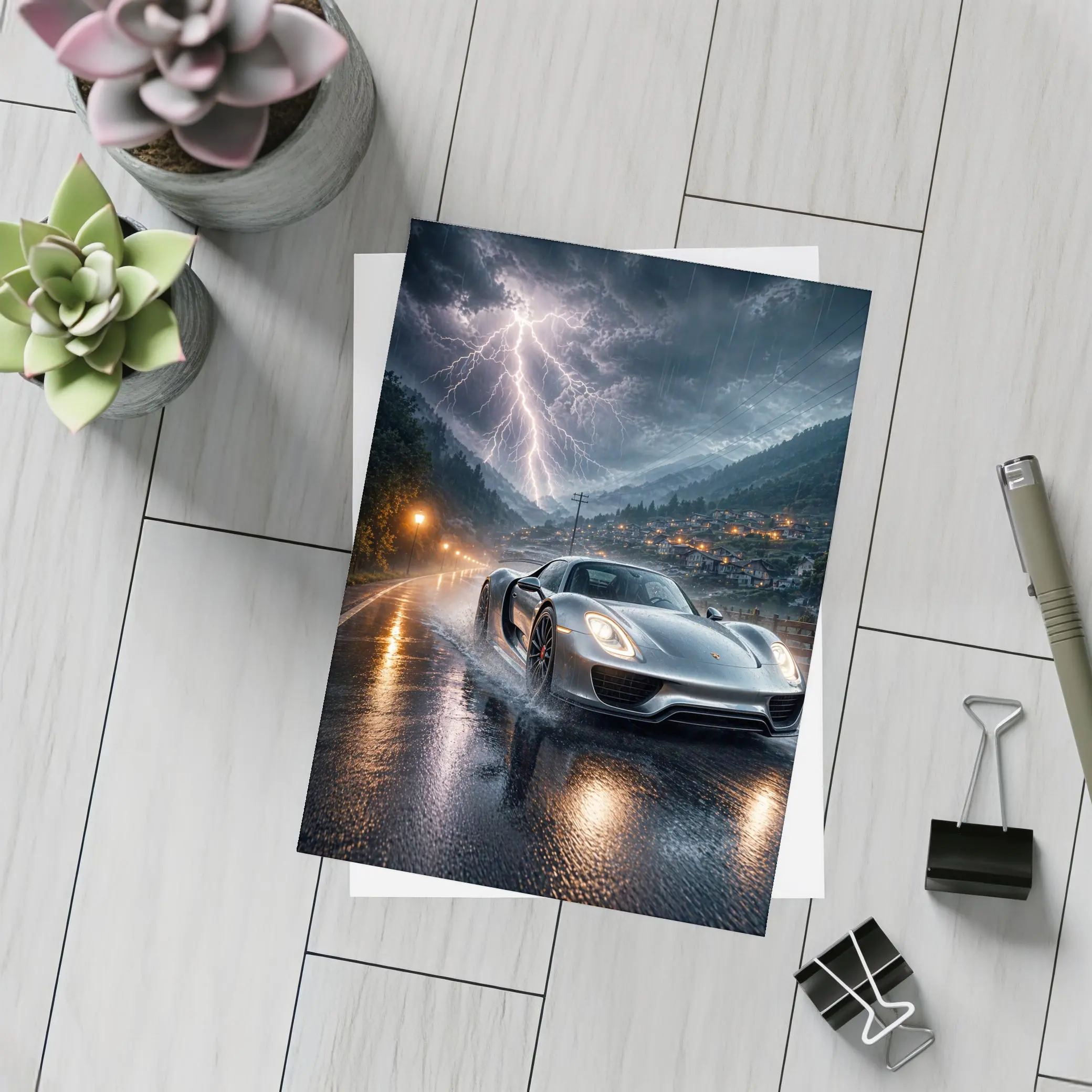 Porsche 918 Spyder Thunderstorm Rainy Road – Postcards