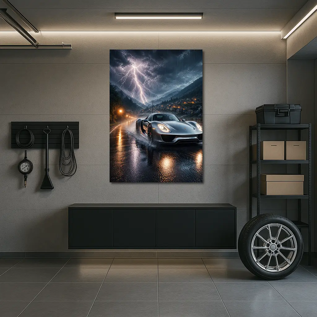 Porsche 918 Spyder Thunderstorm Rainy Road – Wall Art
