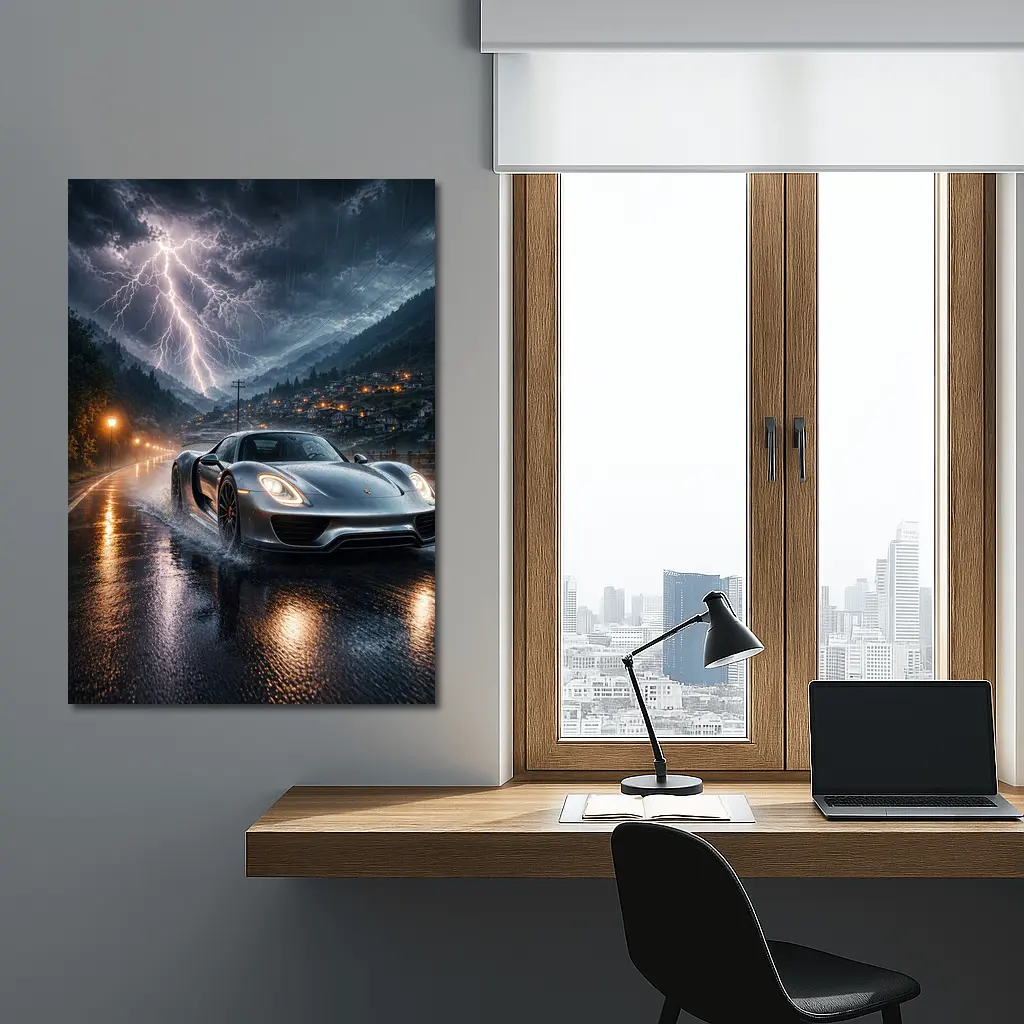 Porsche 918 Spyder Thunderstorm Rainy Road – Wall Art