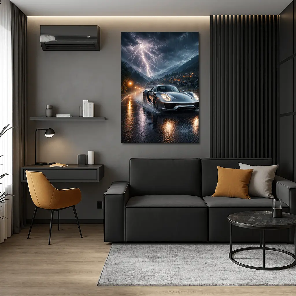 Porsche 918 Spyder Thunderstorm Rainy Road – Wall Art