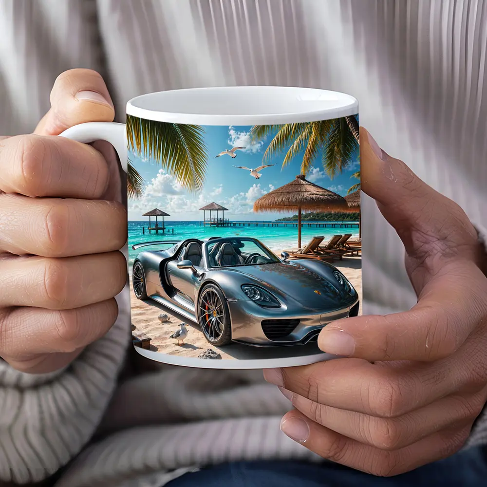 Porsche 918 Spyder Silver Beach Scene – Mugs