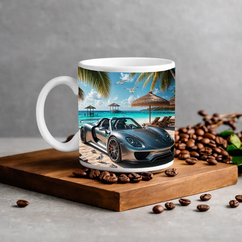 Porsche 918 Spyder Silver Beach Scene – Mugs