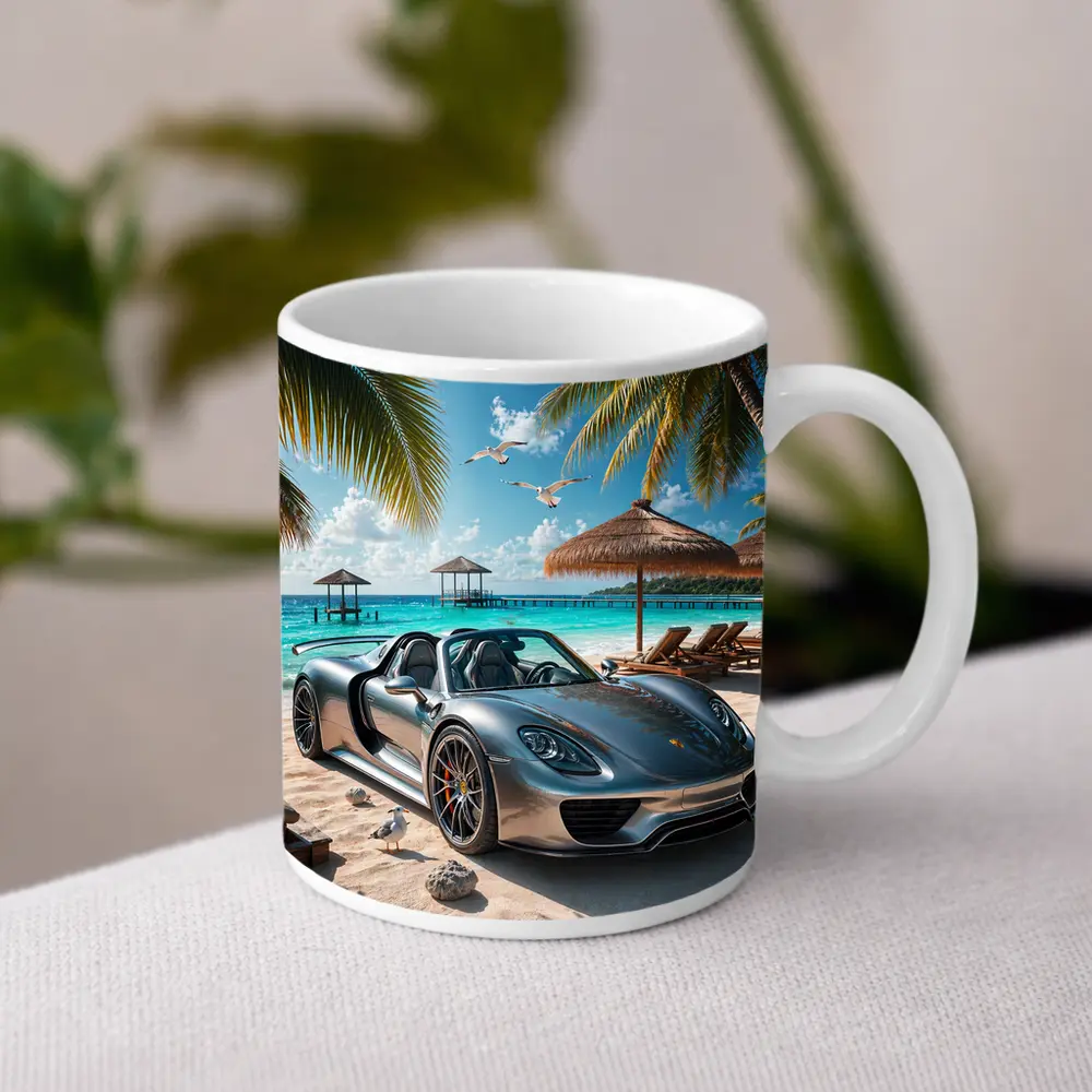 Porsche 918 Spyder Silver Beach Scene – Mugs