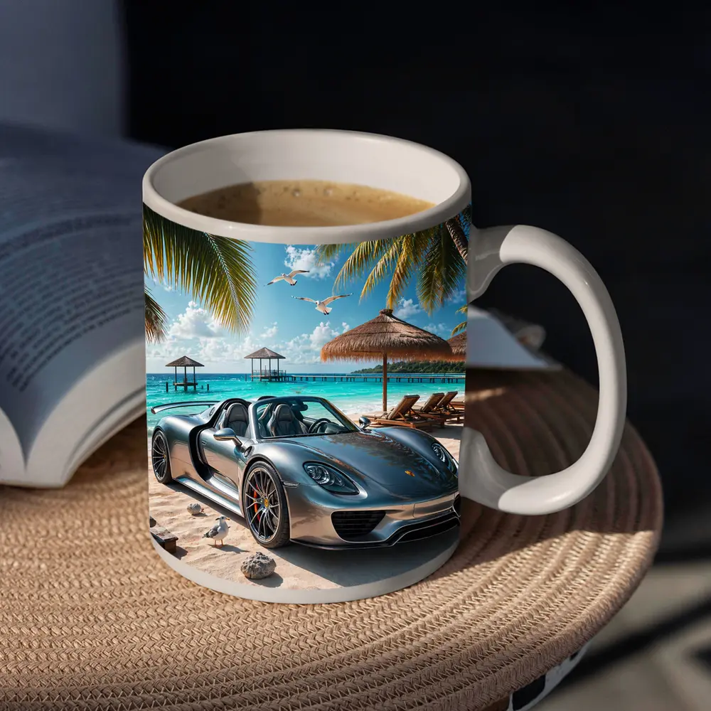 Porsche 918 Spyder Silver Beach Scene – Mugs