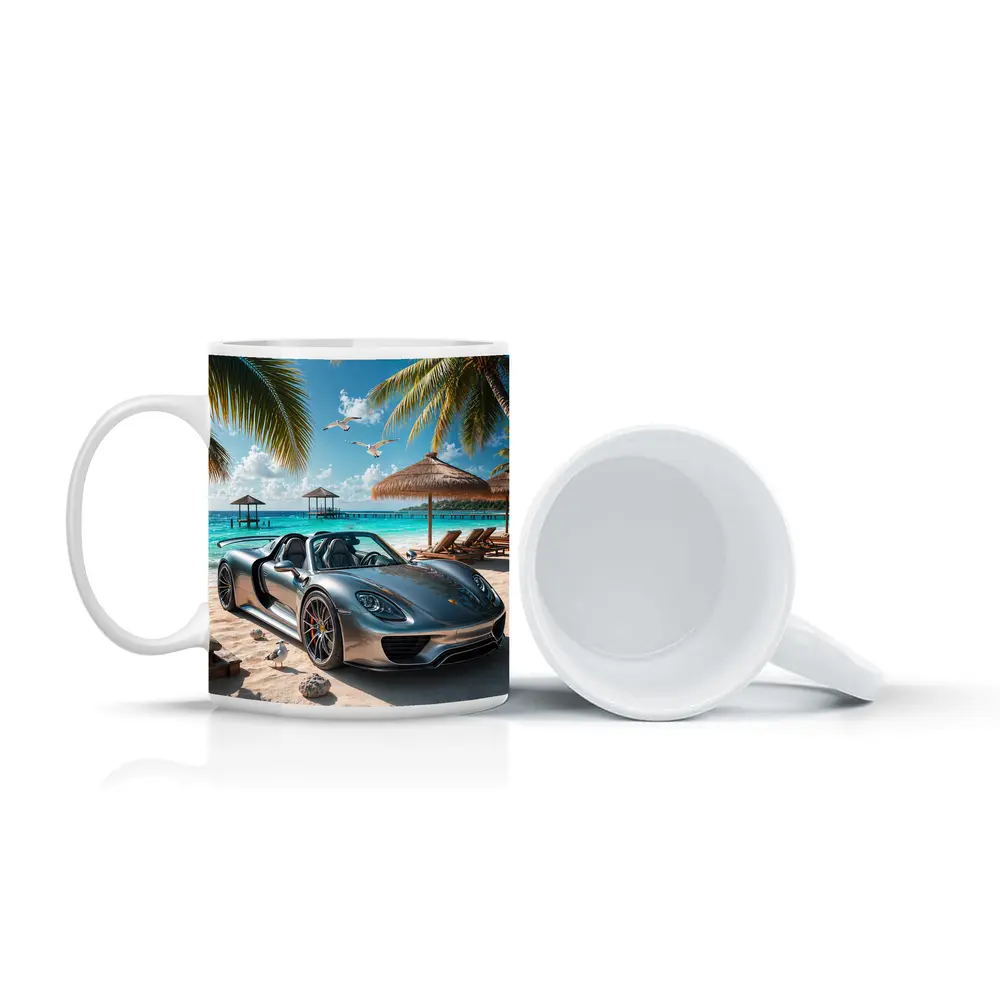 Porsche 918 Spyder Silver Beach Scene – Mugs
