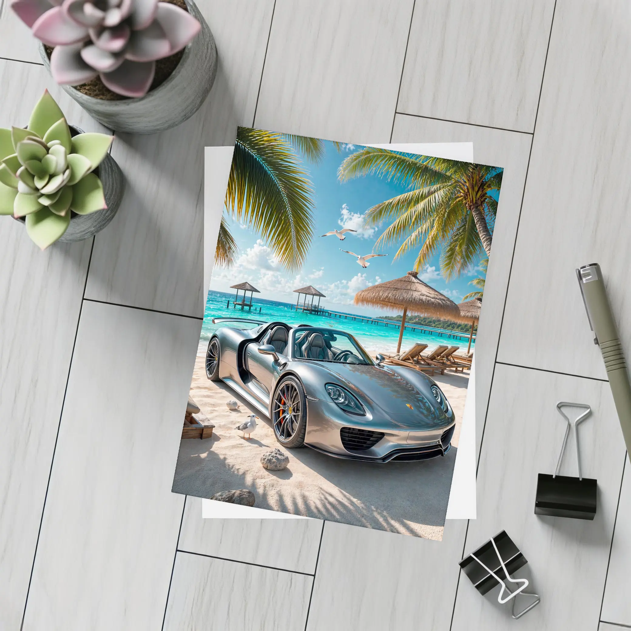 Porsche 918 Spyder Silver Beach Scene – Postcards