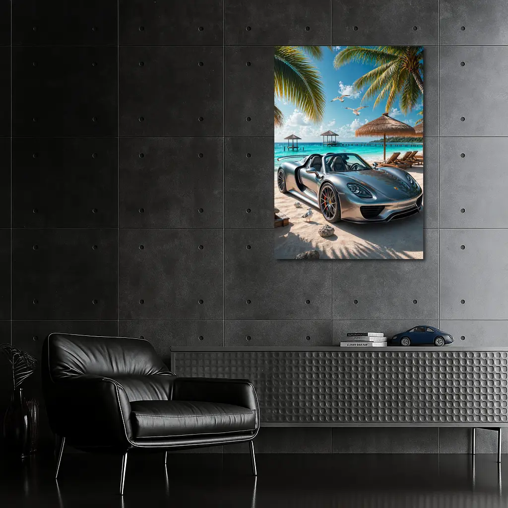 Porsche 918 Spyder Silver Beach Scene – Wall Art