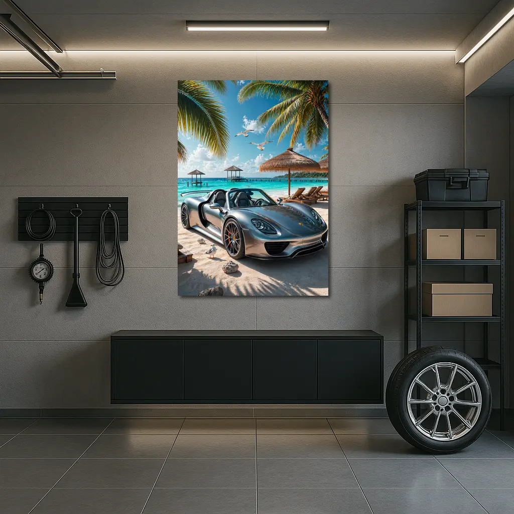 Porsche 918 Spyder Silver Beach Scene – Wall Art