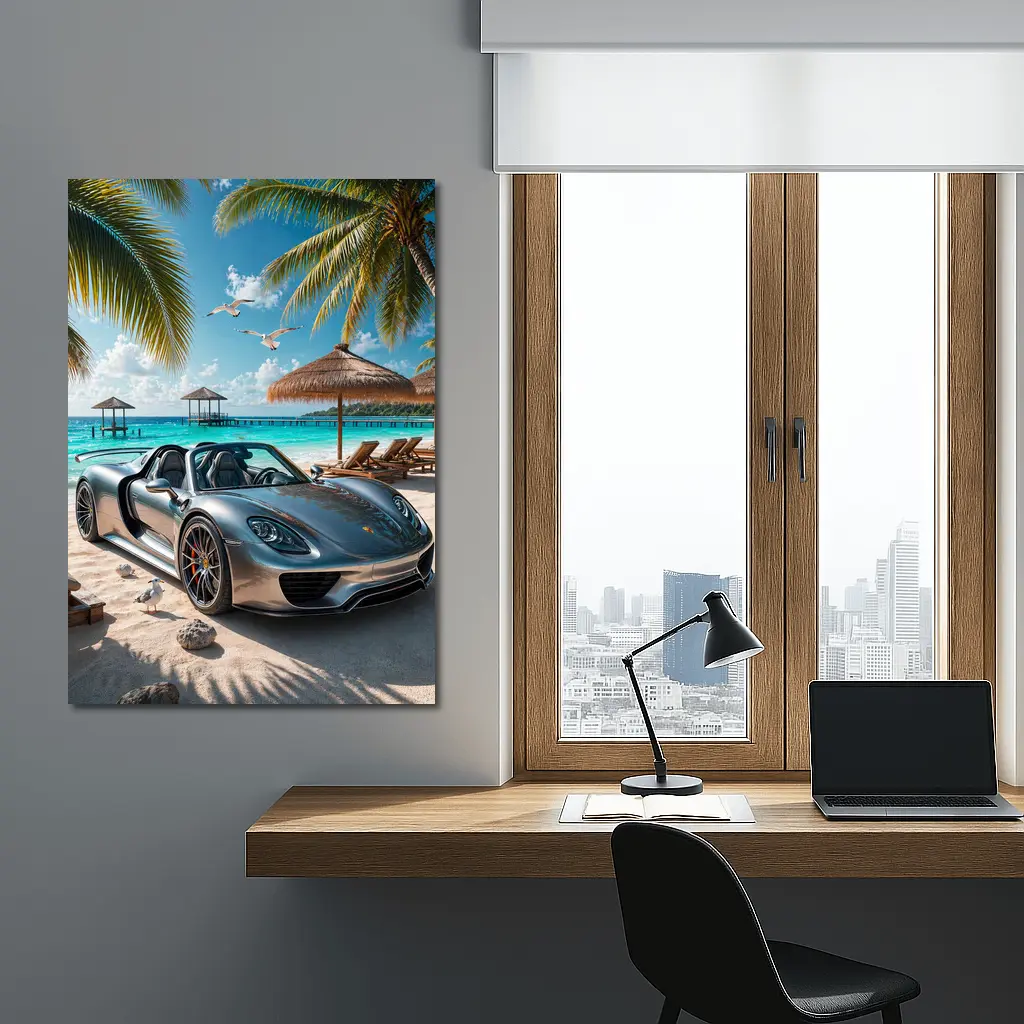 Porsche 918 Spyder Silver Beach Scene – Wall Art
