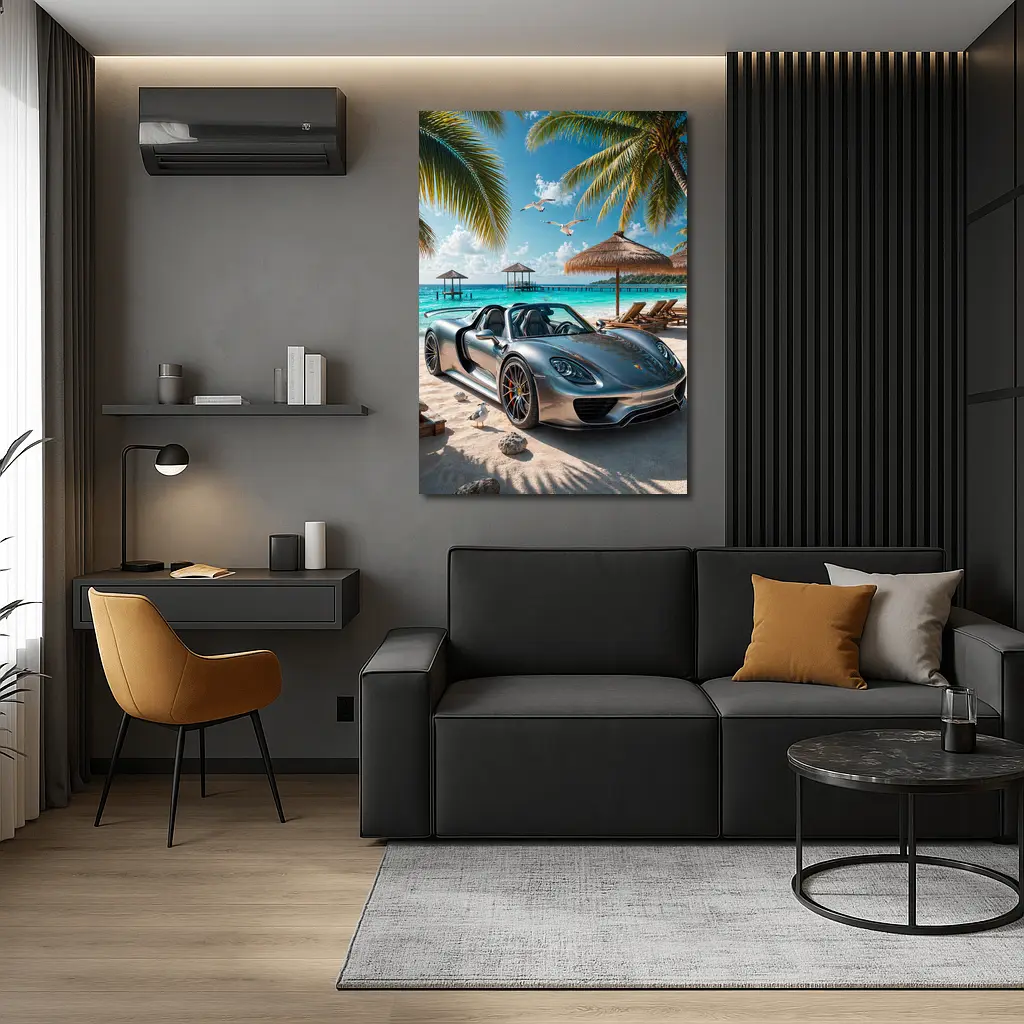 Porsche 918 Spyder Silver Beach Scene – Wall Art