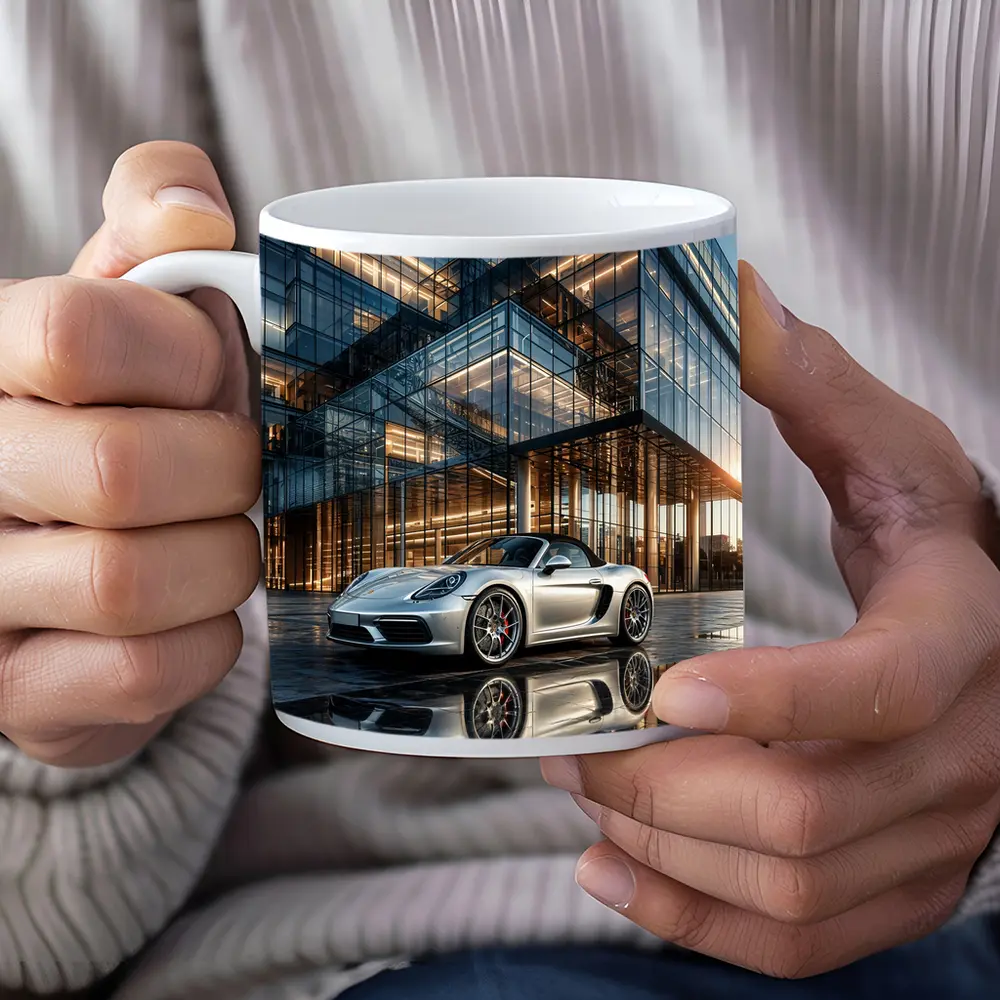 Porsche Boxster Silver Glass Building Sunset – Mugs