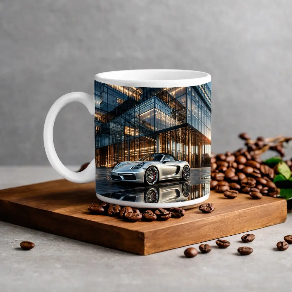 Porsche Boxster Silver Glass Building Sunset – Mugs