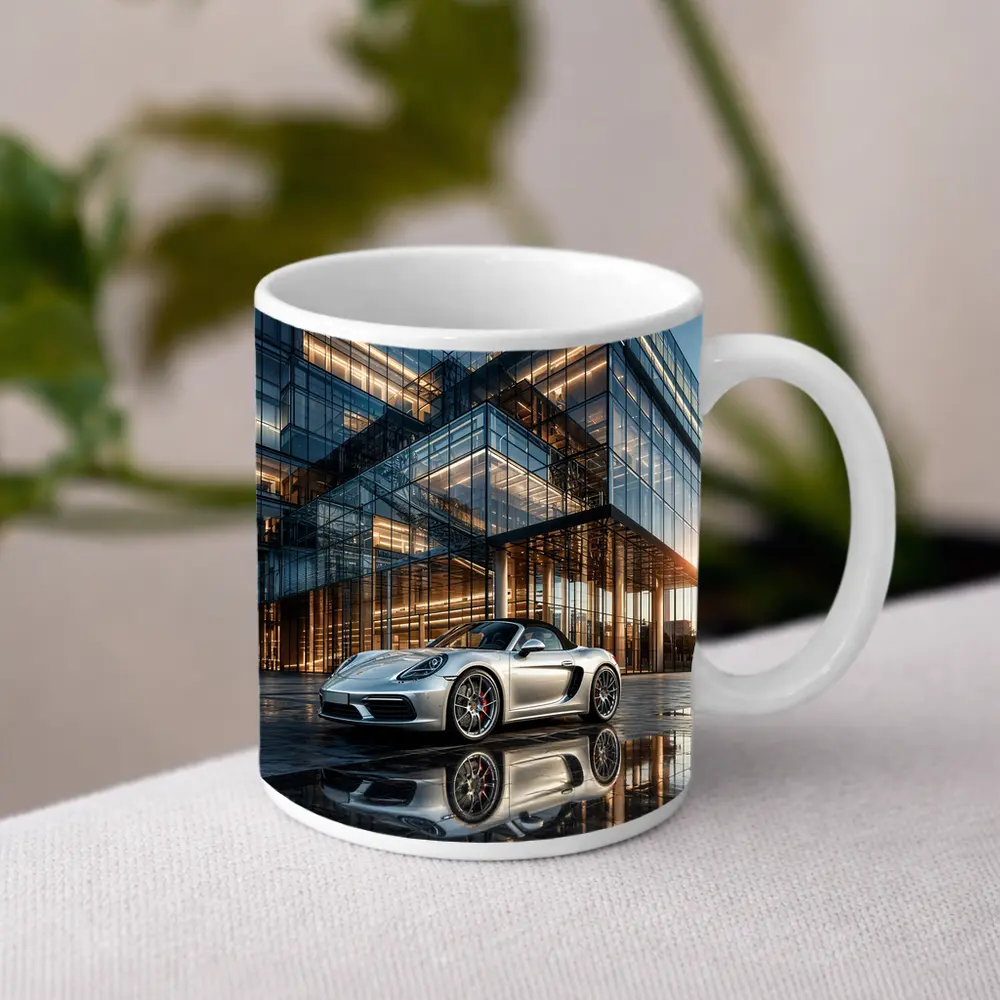 Porsche Boxster Silver Glass Building Sunset – Mugs