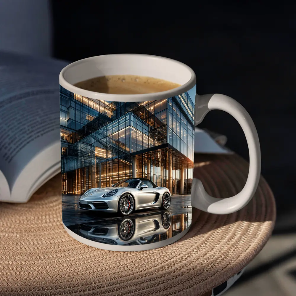 Porsche Boxster Silver Glass Building Sunset – Mugs