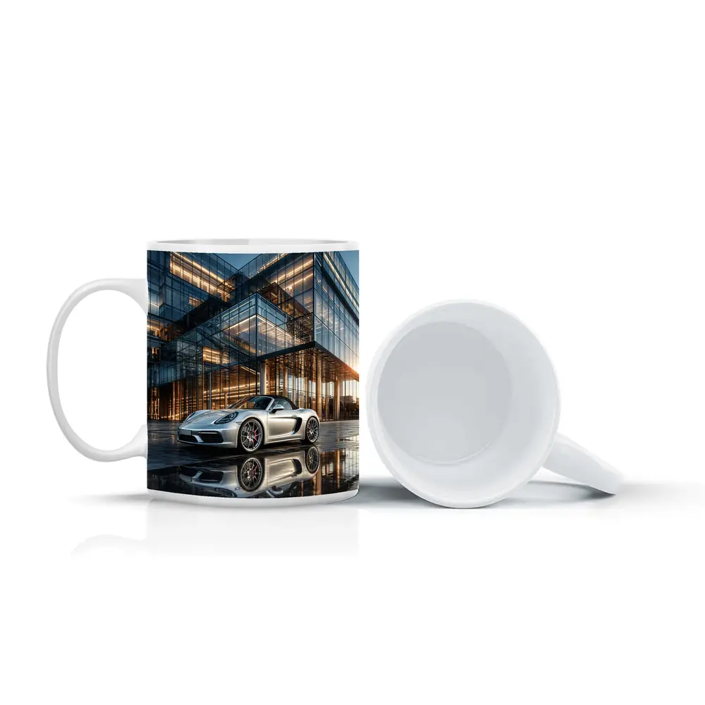 Porsche Boxster Silver Glass Building Sunset – Mugs