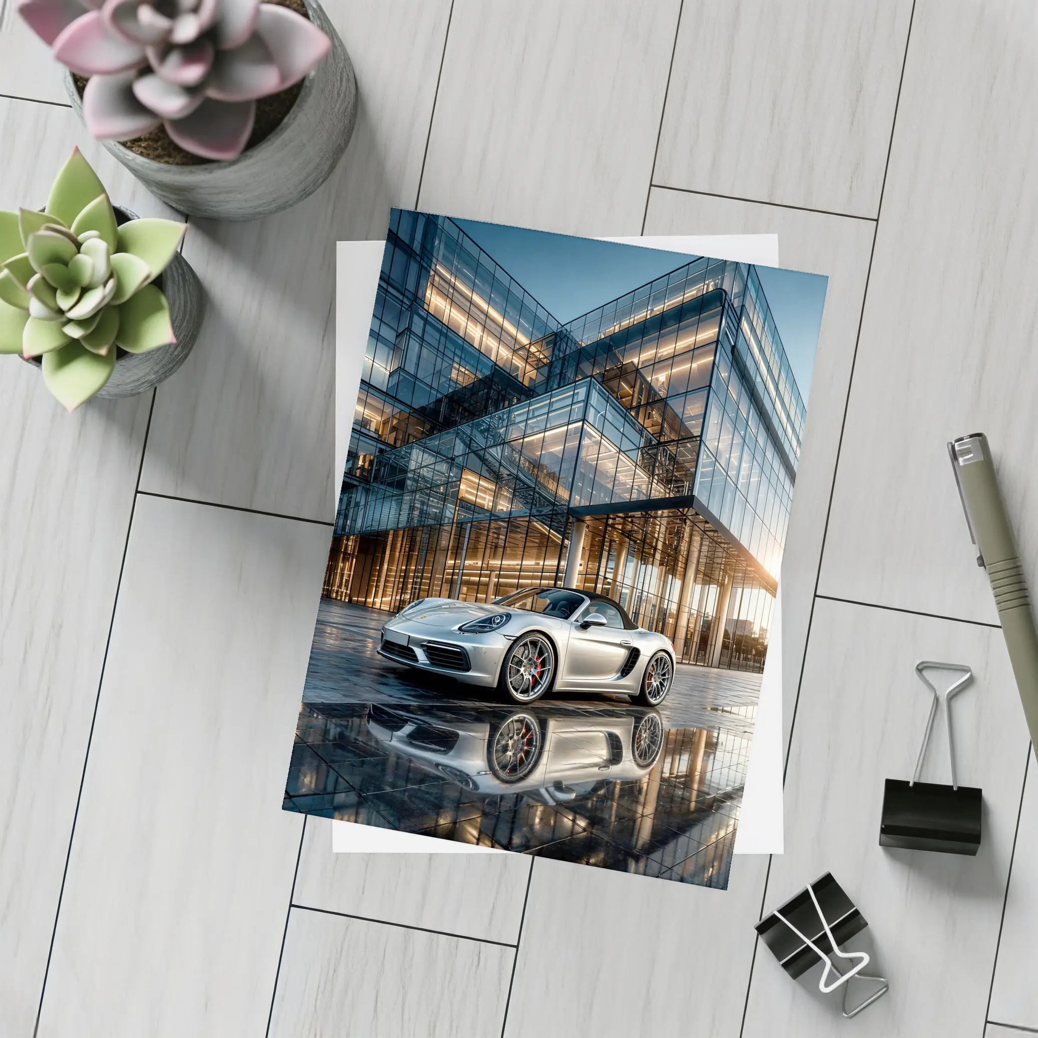 Porsche Boxster Silver Glass Building Sunset – Postcards