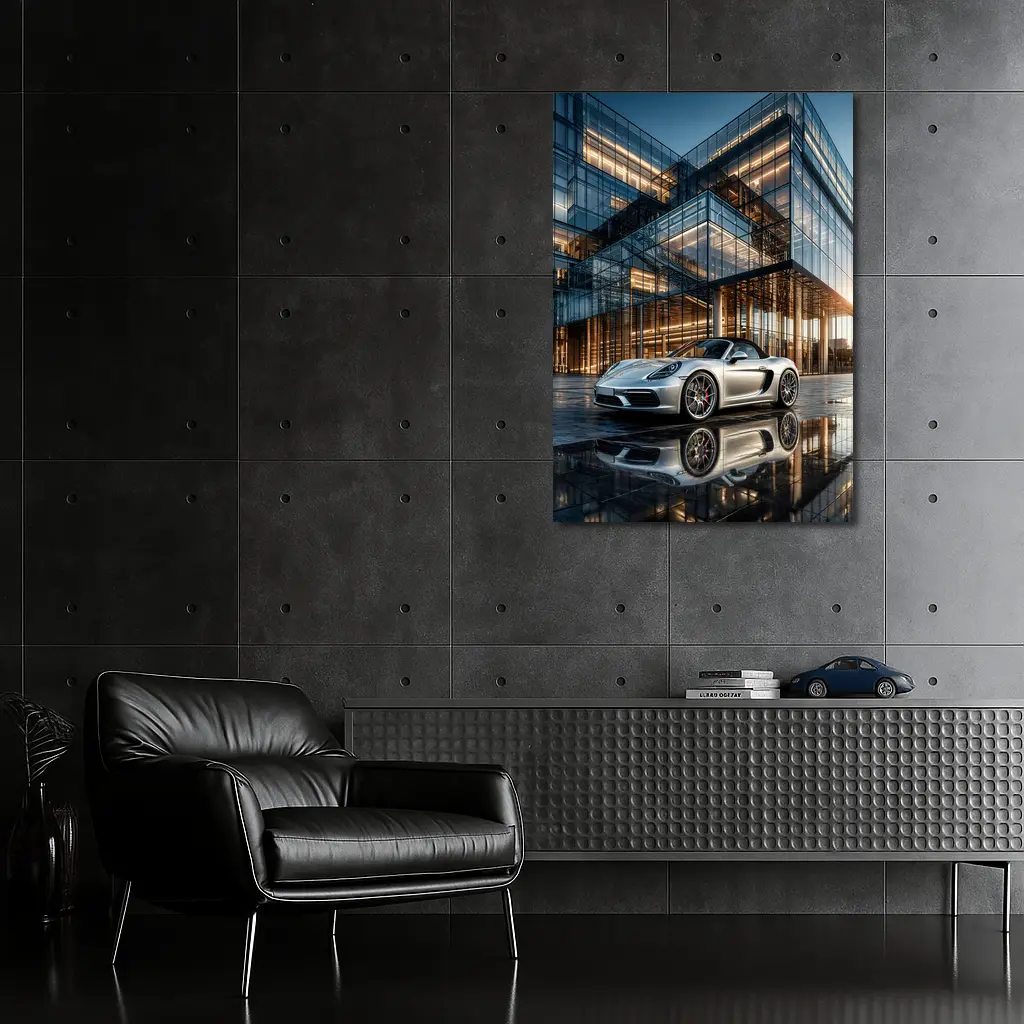 Porsche Boxster Silver Glass Building Sunset – Wall Art