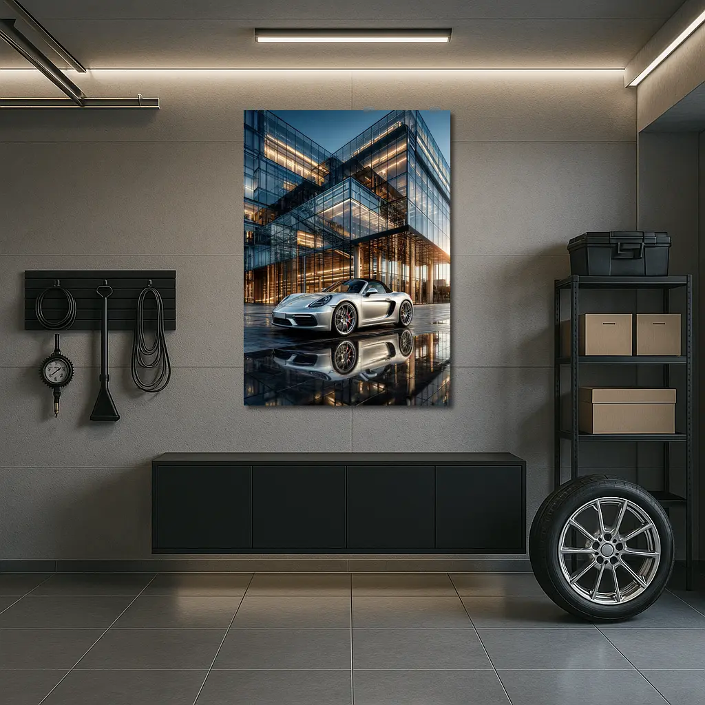 Porsche Boxster Silver Glass Building Sunset – Wall Art