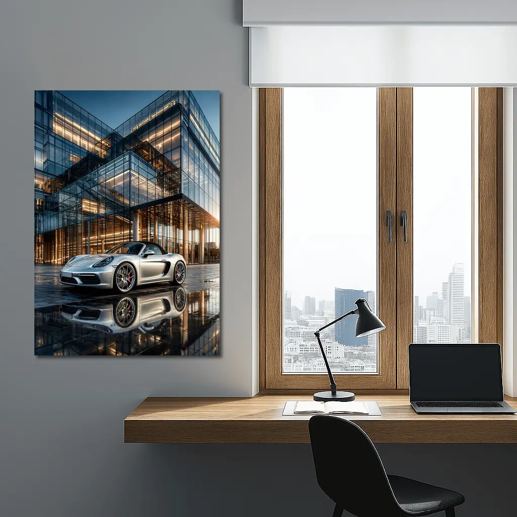 Porsche Boxster Silver Glass Building Sunset – Wall Art