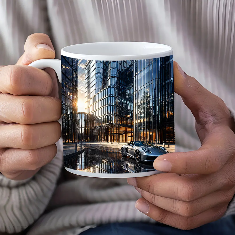 Porsche Boxster Silver Beside Glass Buildings – Mugs