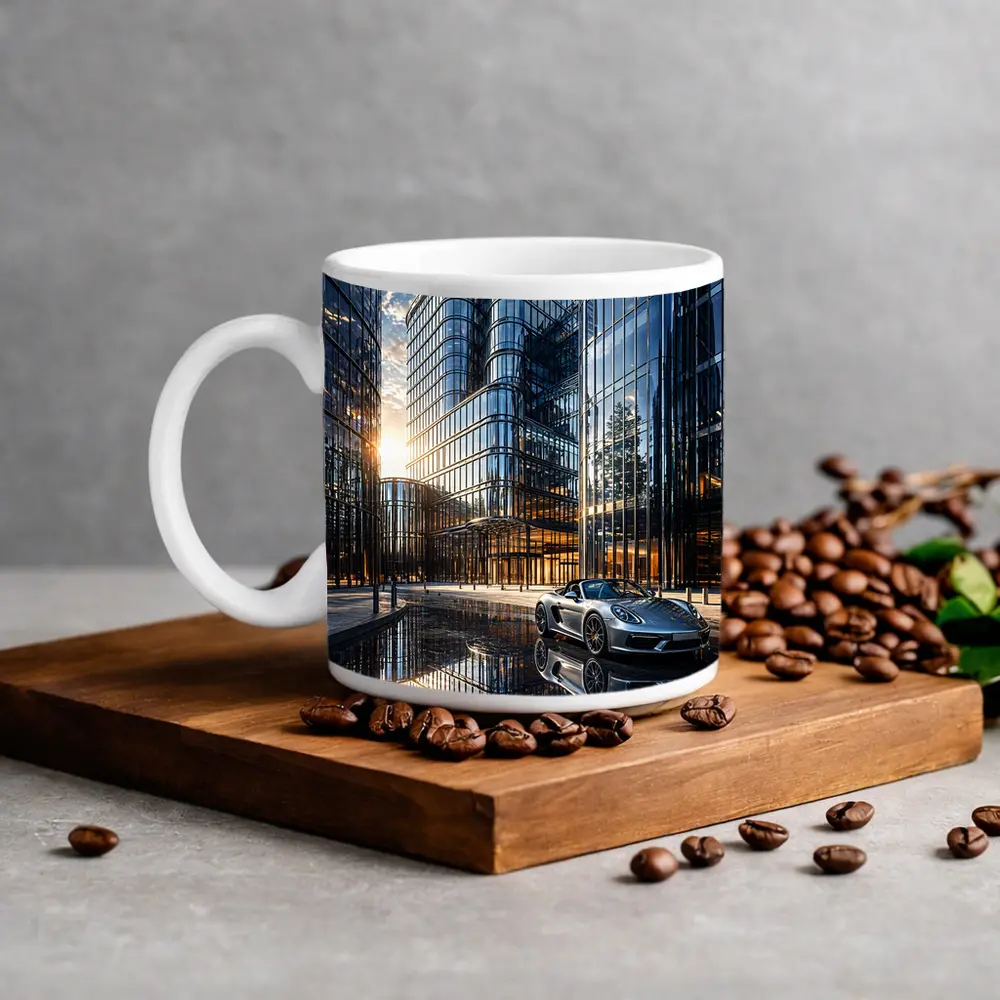 Porsche Boxster Silver Beside Glass Buildings – Mugs