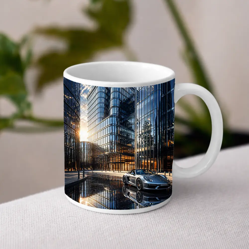 Porsche Boxster Silver Beside Glass Buildings – Mugs