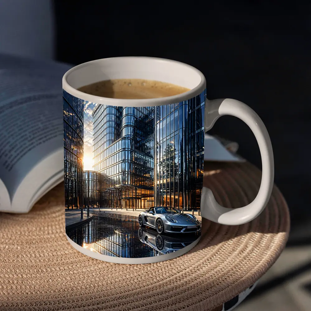 Porsche Boxster Silver Beside Glass Buildings – Mugs