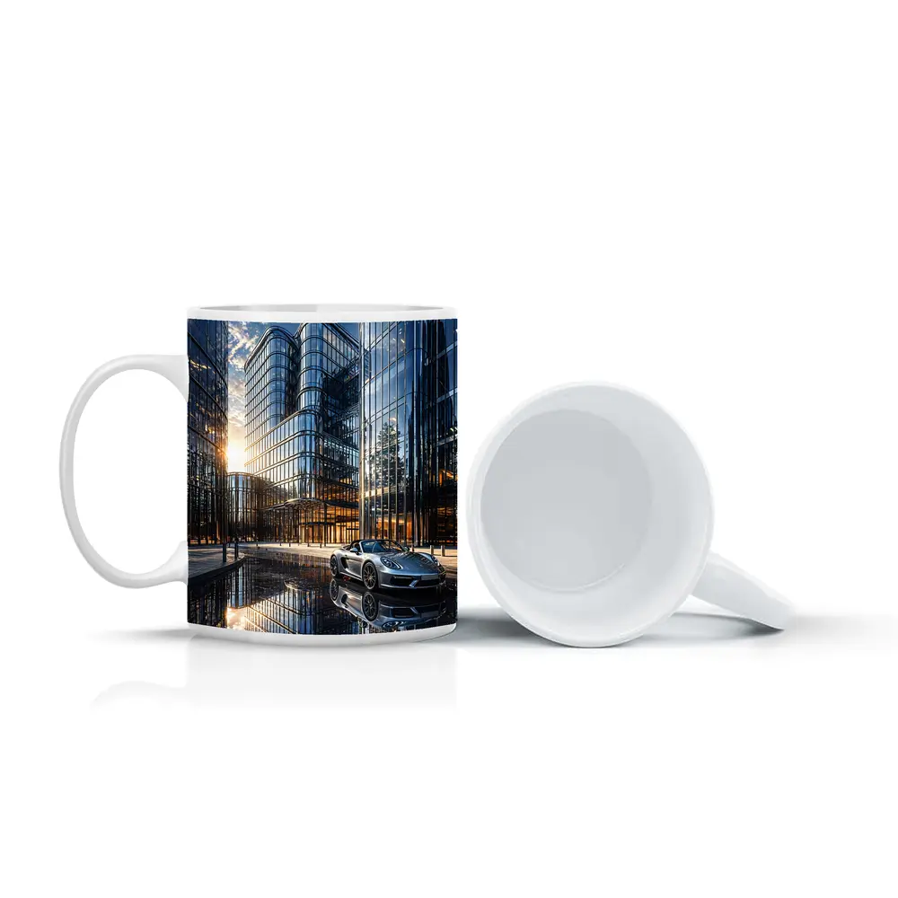 Porsche Boxster Silver Beside Glass Buildings – Mugs