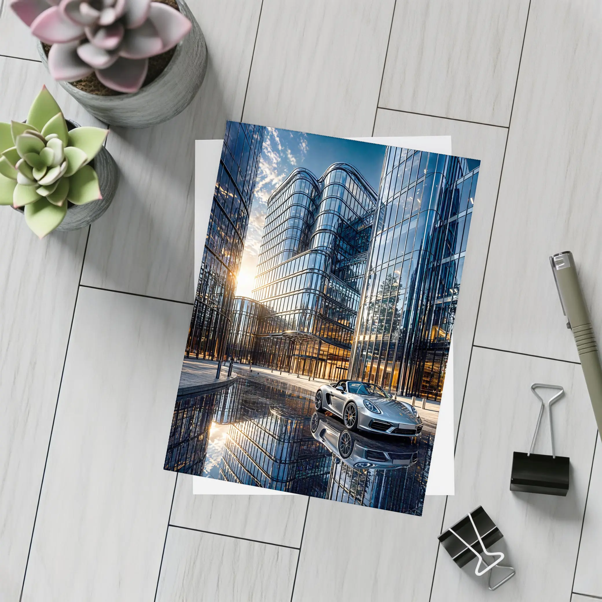 Porsche Boxster Silver Beside Glass Buildings – Postcards