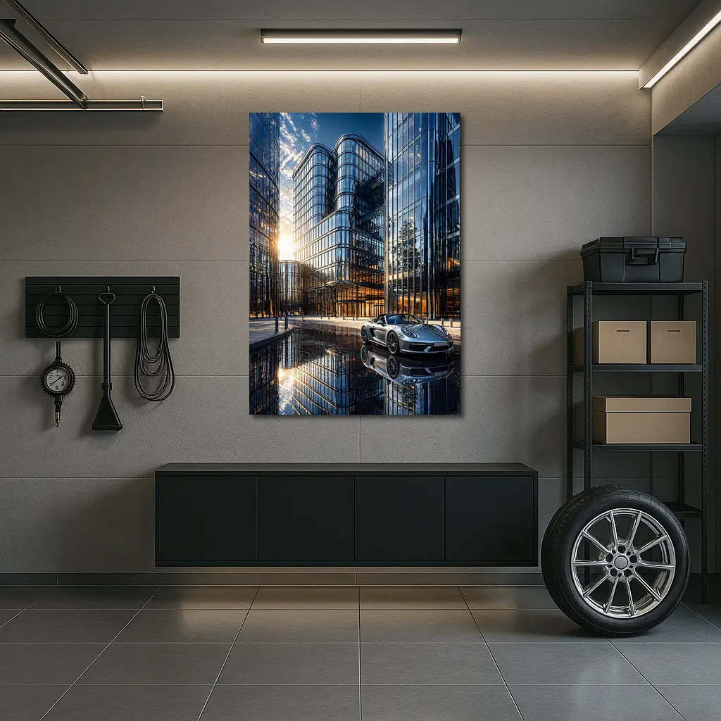 Porsche Boxster Silver Beside Glass Buildings – Wall Art