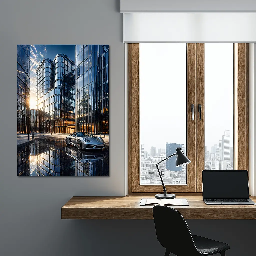 Porsche Boxster Silver Beside Glass Buildings – Wall Art