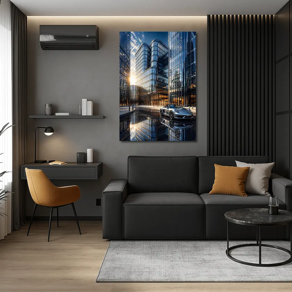 Porsche Boxster Silver Beside Glass Buildings – Wall Art