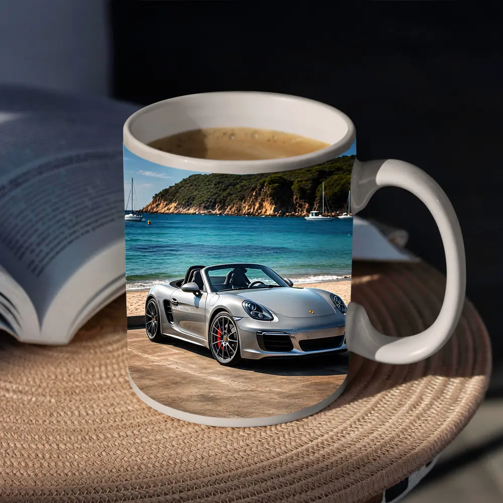 Porsche Boxster Silver Convertible Beach Setting – Mugs
