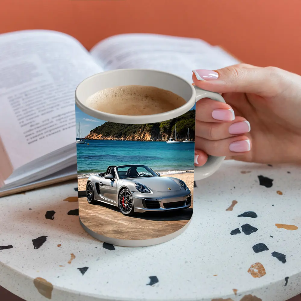 Porsche Boxster Silver Convertible Beach Setting – Mugs