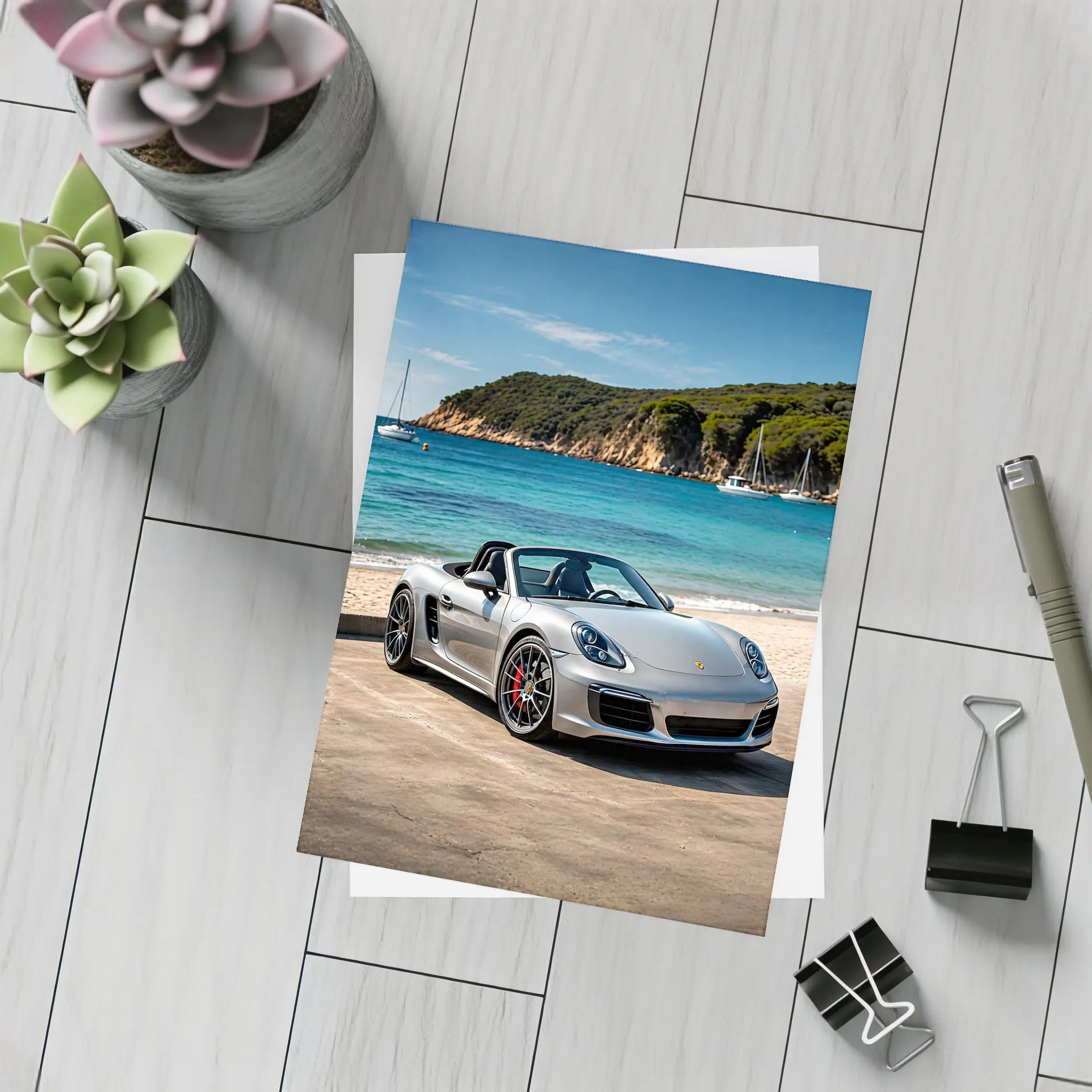 Porsche Boxster Silver Convertible Beach Setting – Postcards