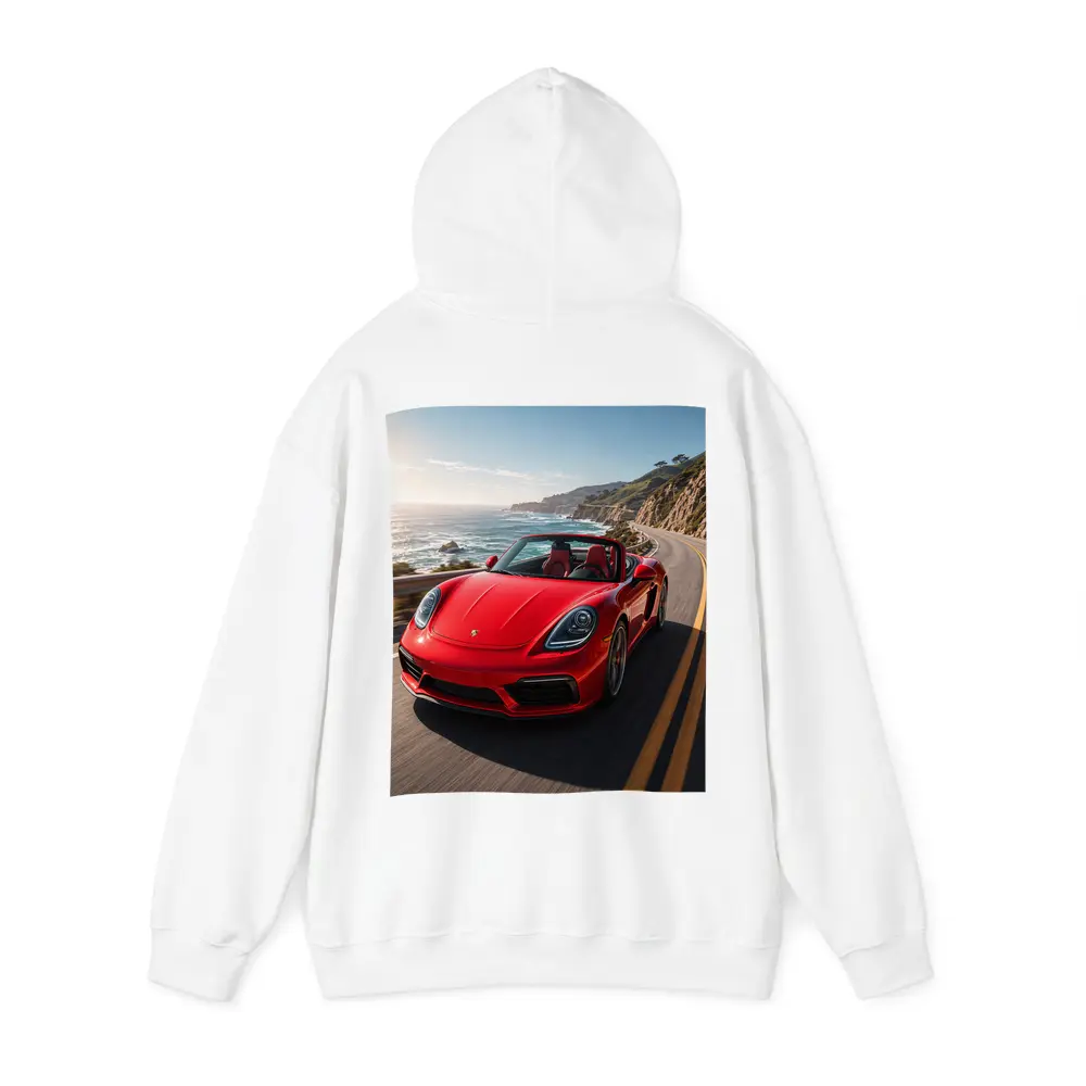 Red Porsche Boxster Speeding Coastal Highway – Hoodies