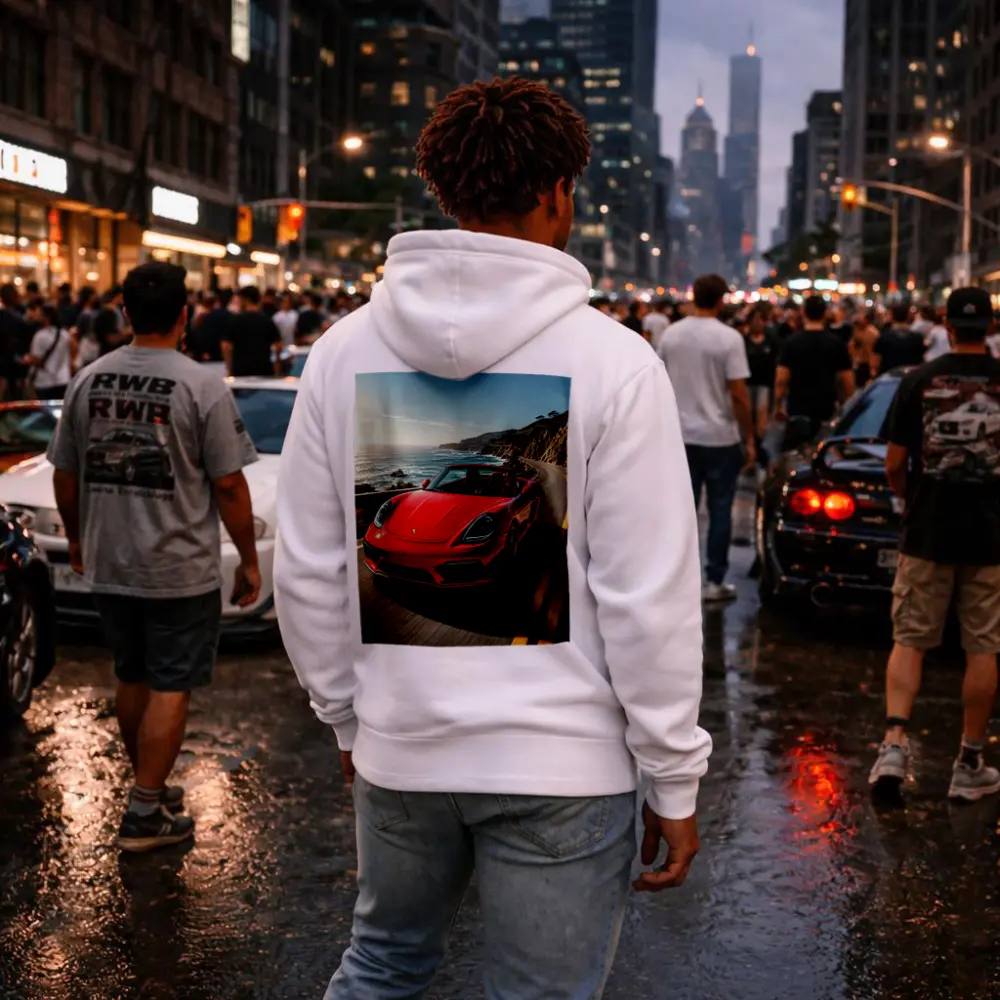 Red Porsche Boxster Speeding Coastal Highway – Hoodies