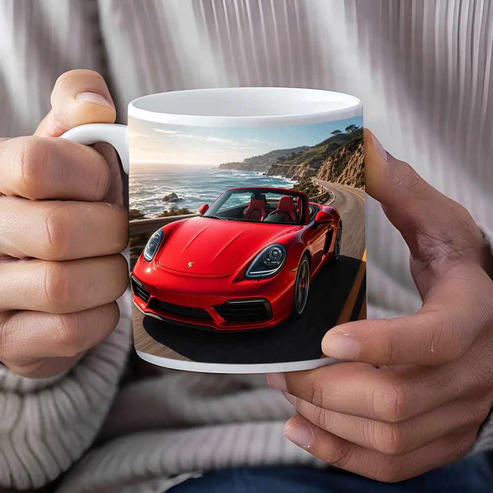 Red Porsche Boxster Speeding Coastal Highway – Mugs