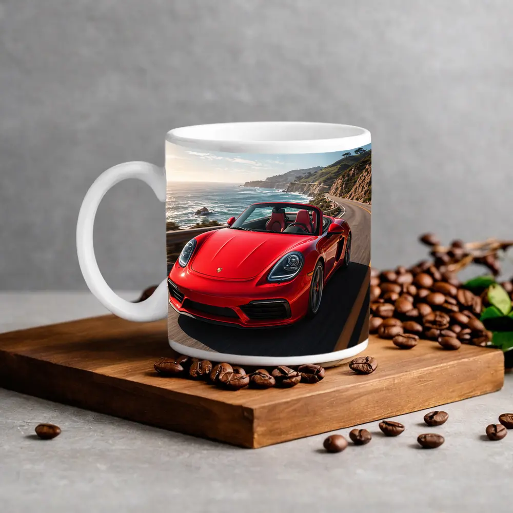 Red Porsche Boxster Speeding Coastal Highway – Mugs