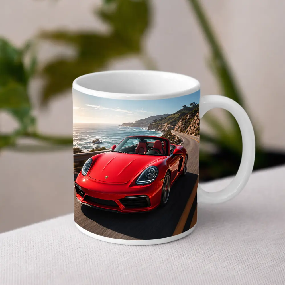 Red Porsche Boxster Speeding Coastal Highway – Mugs